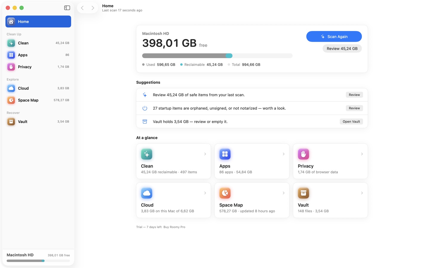 Biumac Home: disk usage, reclaimable space, and suggestions